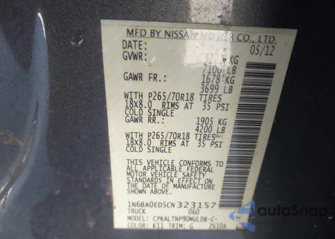 2012 Nissan Titan Sv z USA, uszkodzony, nr VIN 1N6BA0ED5CN323157